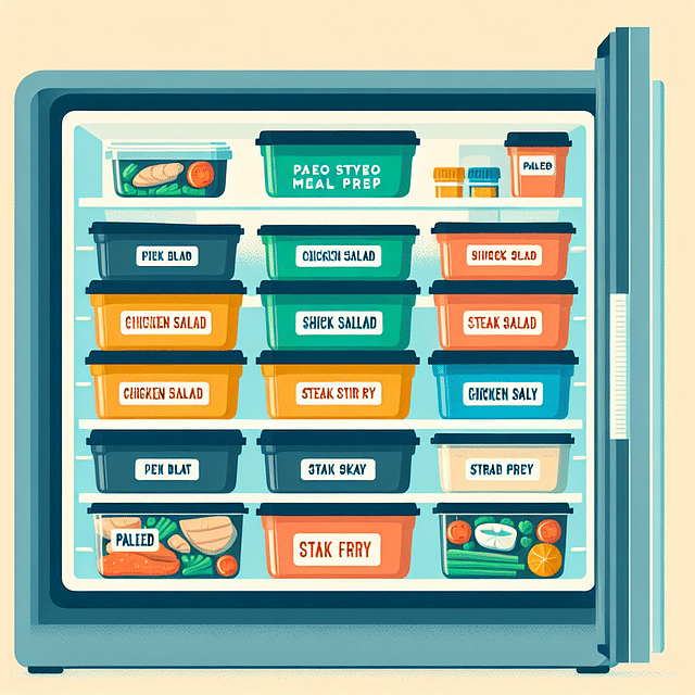 stack of labeled paleo meal prep containers in a fridge