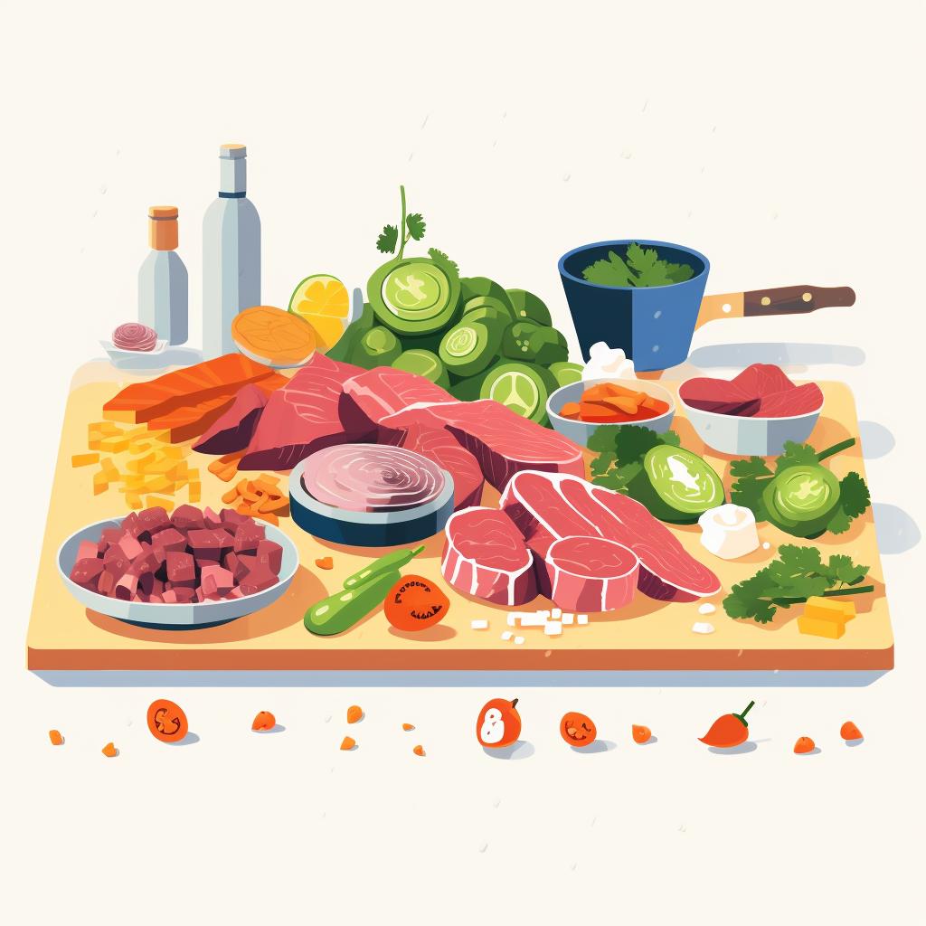 Chopped vegetables and marinated meats on a kitchen counter