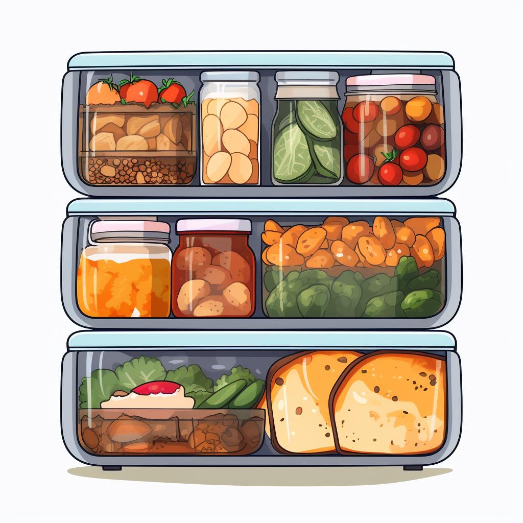 Stacked airtight containers filled with prepared meals in a fridge