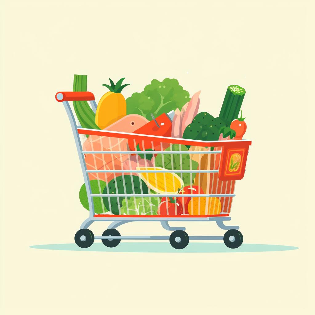 A shopping cart filled with fresh fruits, vegetables, and lean meats
